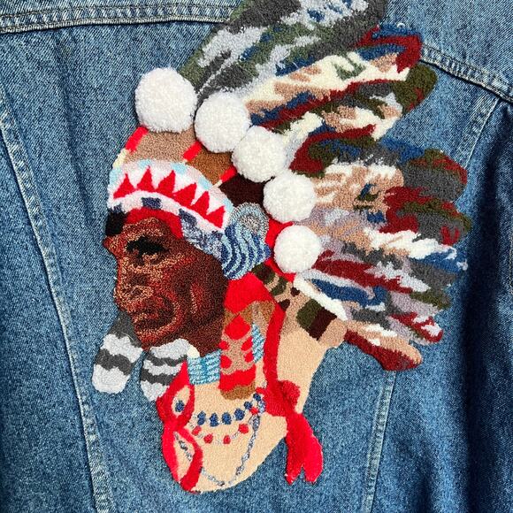 VTG Lee Made in USA Denim Jean Jacket with Native American Indian Head L 25x26 - Picture 1 of 8